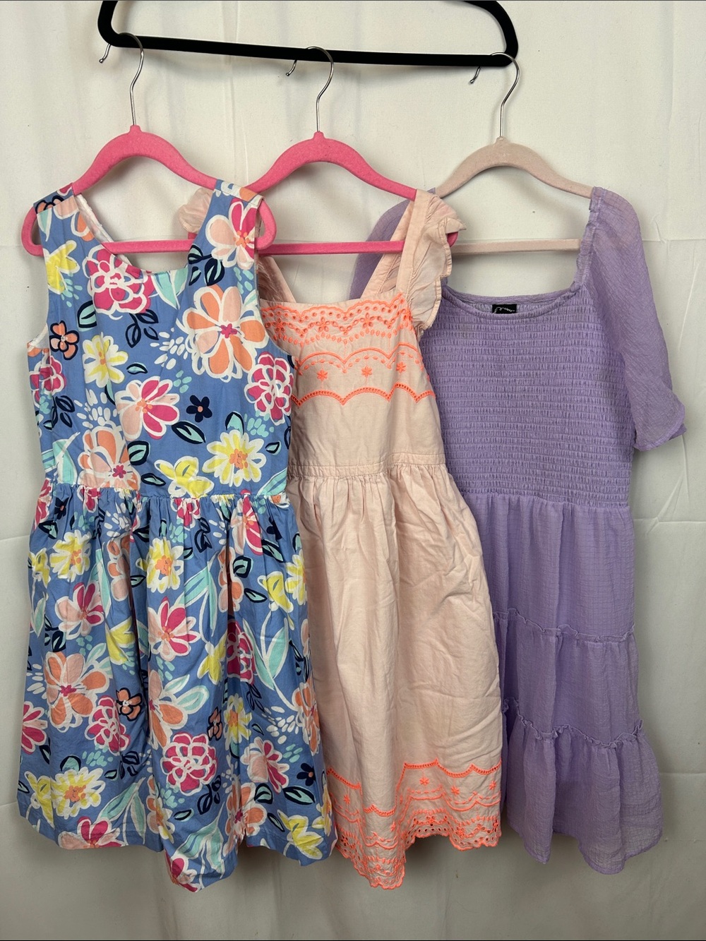 Three Dresses - Blue Floral, Embroidered Peach and Flowy Lavender. 10 & 10/12